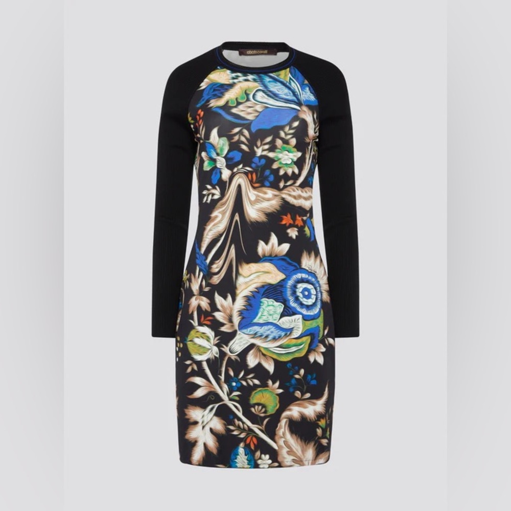 Roberto Cavalli Long Sleeve Black Floral Print Sheath Dress 42